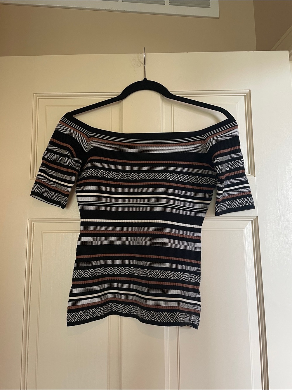 Bailey 44 Black, Gray & Brown Striped Off-Shoulder Top
